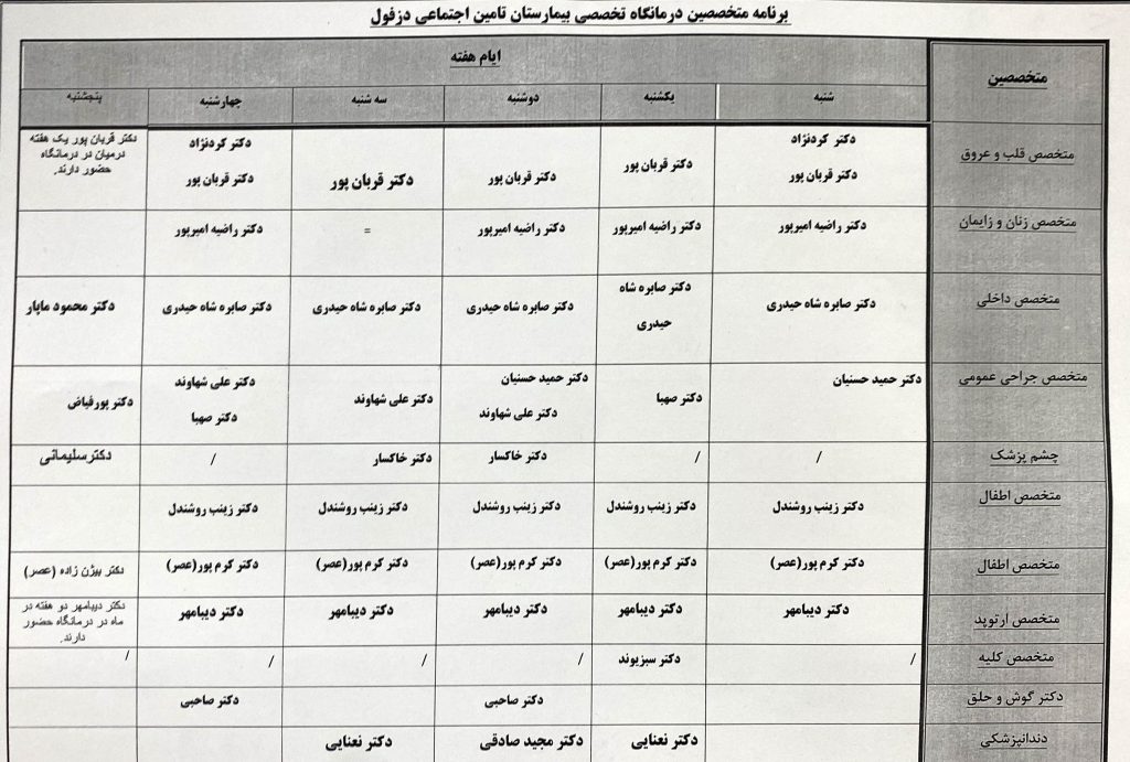نوبت دهی بیمارستان تامین اجتماعی دزفول برنامه پزشکان